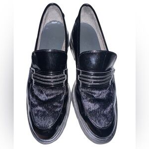 Italian Chunky Black Patent Leather Loafers with Calf Hair Upper Size 41